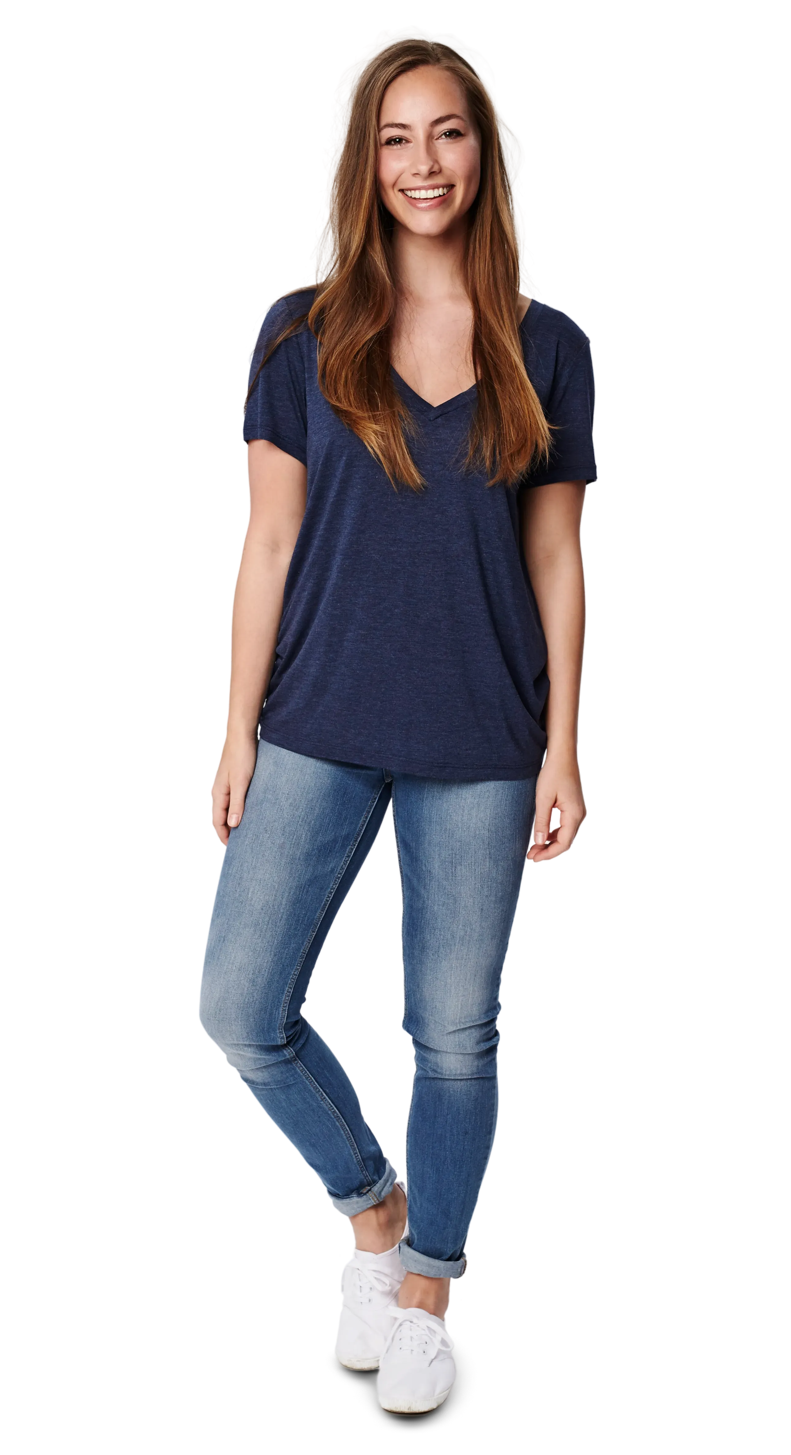 relaxed woman in jeans and black tee